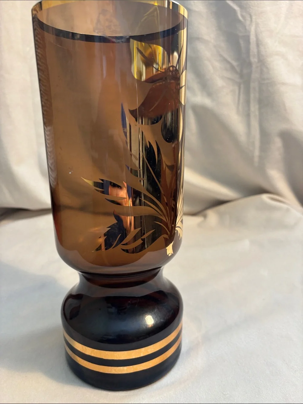 MCM Vase with Gold Floral Detail likely Czech Beautiful Smoky Glass Unique Shape